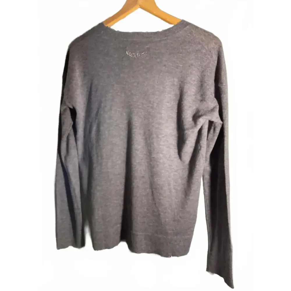 Zadig & Voltaire Women's Gray Angel Wing Cashmere V-Neck Sweater Medium - Picture 9 of 12